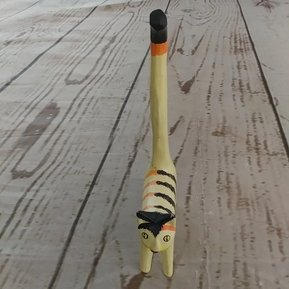 Yellow, Orange, and Black Long Tail Cat Jewelry/Ring Holder Figurine